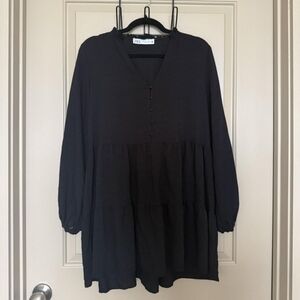 Zara Black Tiered Button-Front Long Sleeve Dress